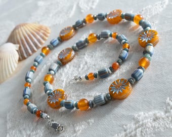 Glass & Gemstones Necklace: Orange Coins with Teal Sunbursts, Striped Trade Beads, Carnelian, Sterling Silver