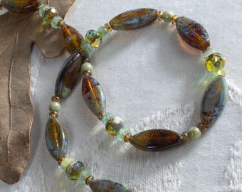 Mossy River Rocks: Patterned and Textured Glass Marquise Necklace, Sterling Silver Clasp