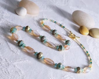 Gilded Stone Patina Glass Beads in Gold, Aqua, and Cream: Oasis Treasure