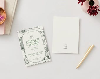 May include: A dinner party invitation with floral design and the text "Dinner Party". A blank card and a gold pen are also present. A small pink vase with burgundy flowers is visible on a white surface.
