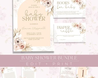 Könnte beinhalten: Ein Babyparty-Einladungsset in sanften, neutralen Farben. Die Haupteinladung zeigt ein Bogendesign mit floralen Akzenten und dem Text "baby shower". Zusätzliche Karten enthalten "Books for baby" und "Diaper raffle".