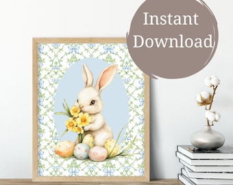 Watercolor Bunny With Daffodils and Easter Eggs Grand Millennial