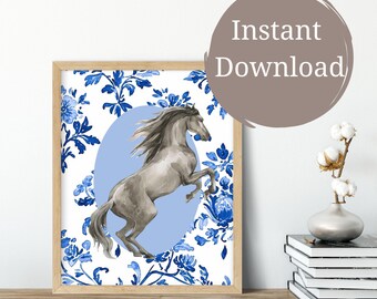 Blue Chinoiserie Horse Wall Art Victorian Watercolor Grand