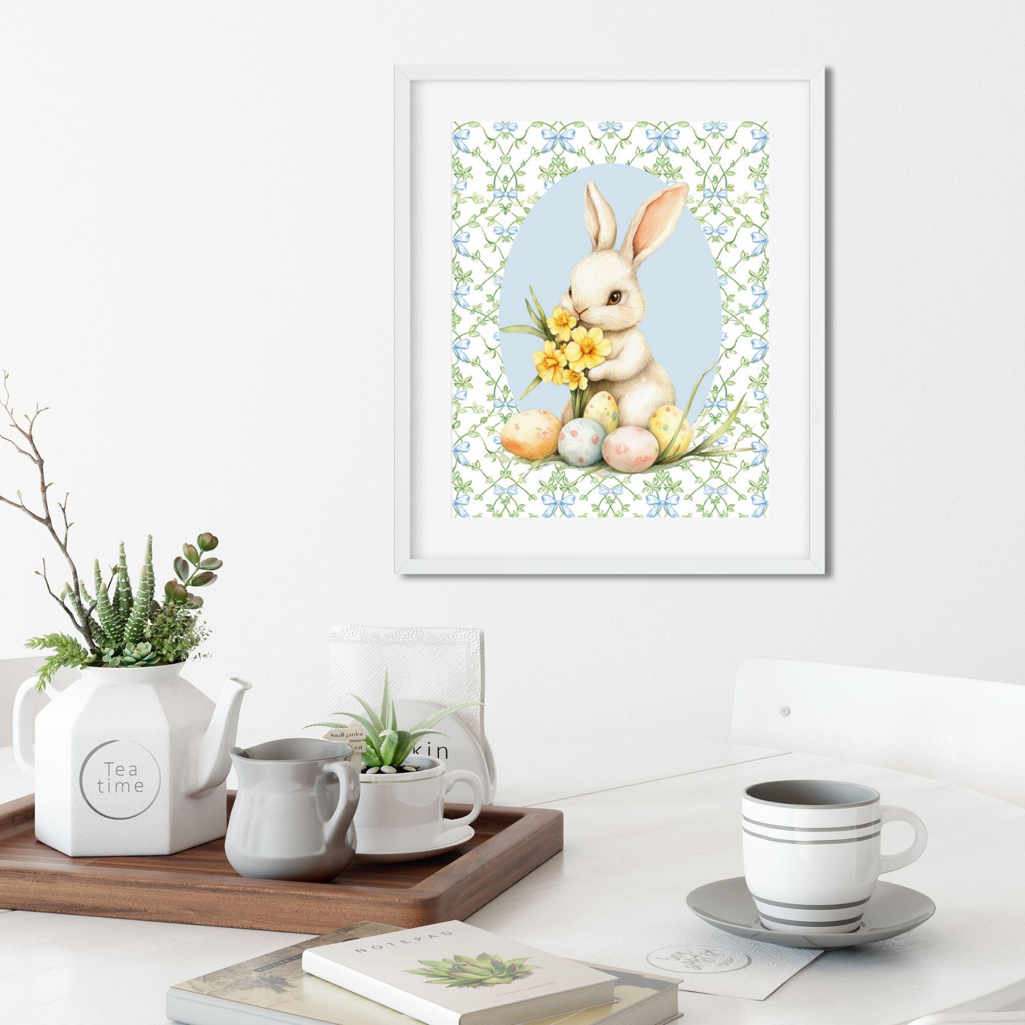 Watercolor Bunny With Daffodils and Easter Eggs Grand Millennial