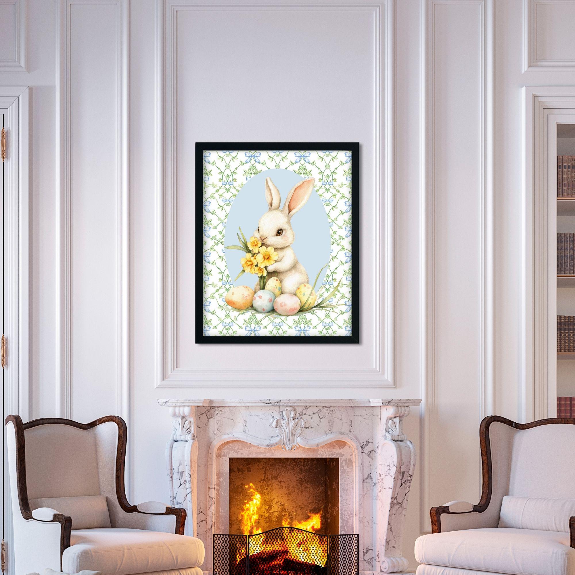 Watercolor Bunny With Daffodils and Easter Eggs Grand Millennial