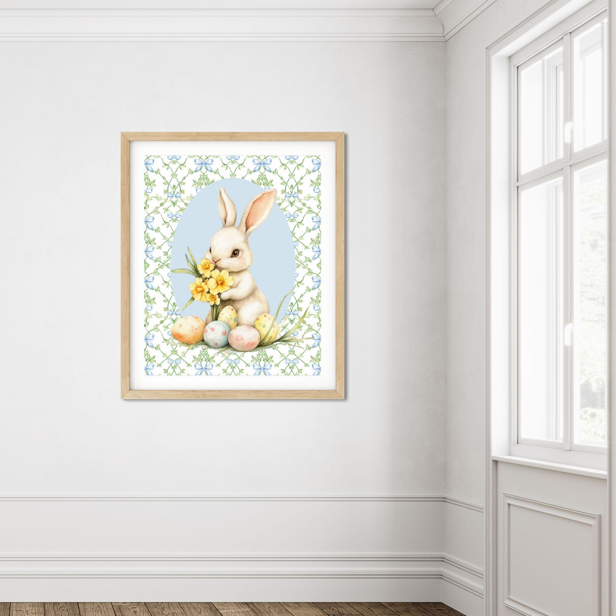 Watercolor Bunny With Daffodils and Easter Eggs Grand Millennial