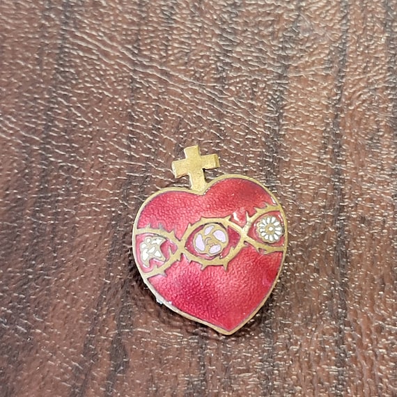 Vintage Enameled Sacred Heart Brooch, Gilt Brass … - image 1