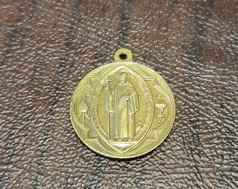 Vintage French Penin A Lyon St. Benedict Medal, Brass or Brass-Toned Metal, St. Benedict-Patron of Inflammatory Diseases, Dying People