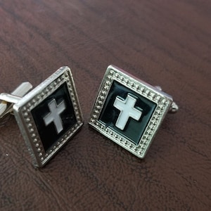 Vintage Enameled Cross Cufflinks, Silver-Toned Metal Cufflinks with Black Enamel Background and White Enamel Cross, Religious Cufflinks