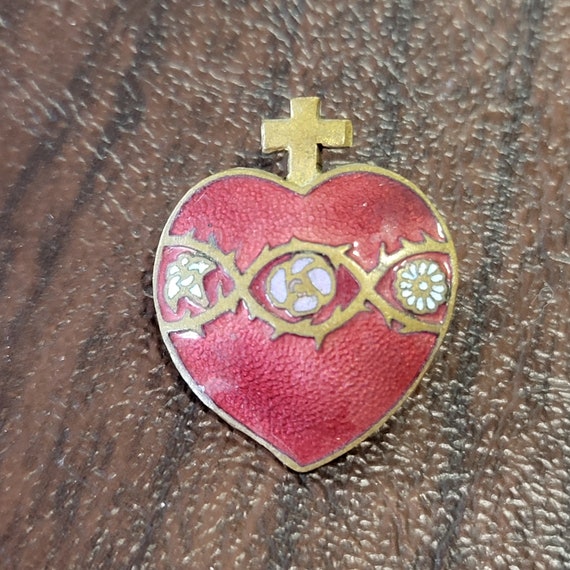 Vintage Enameled Sacred Heart Brooch, Gilt Brass … - image 4