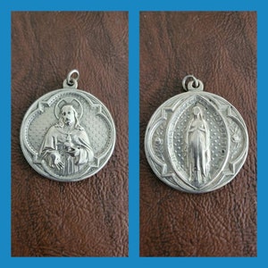 Amazing French Penin a&#39; Lyon Dual Religious Medal/Pendant, Sacred Heart of Jesus & the Virgin Mary, Well-Loved Medal with Intricate Details