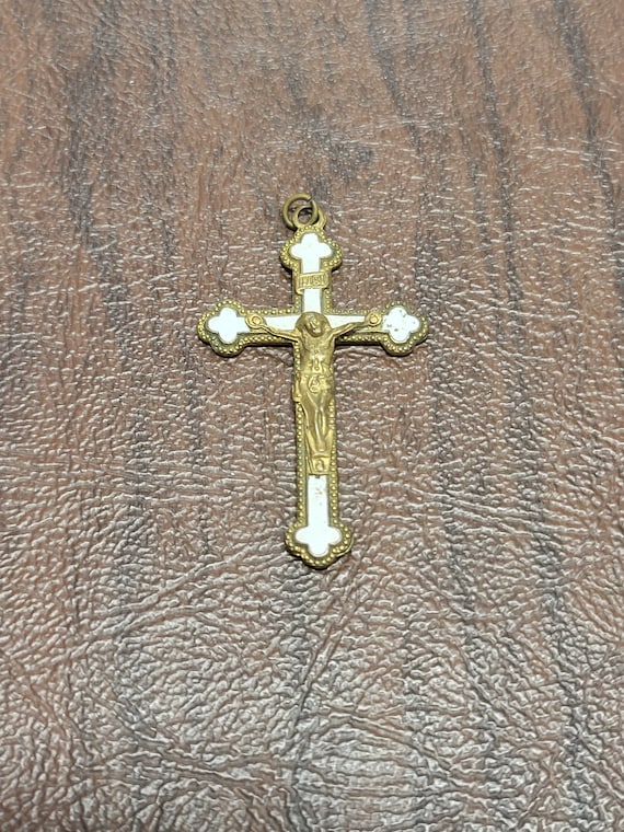 Vintage Gilt Brass and Enameled Crucifix, Brass Cr