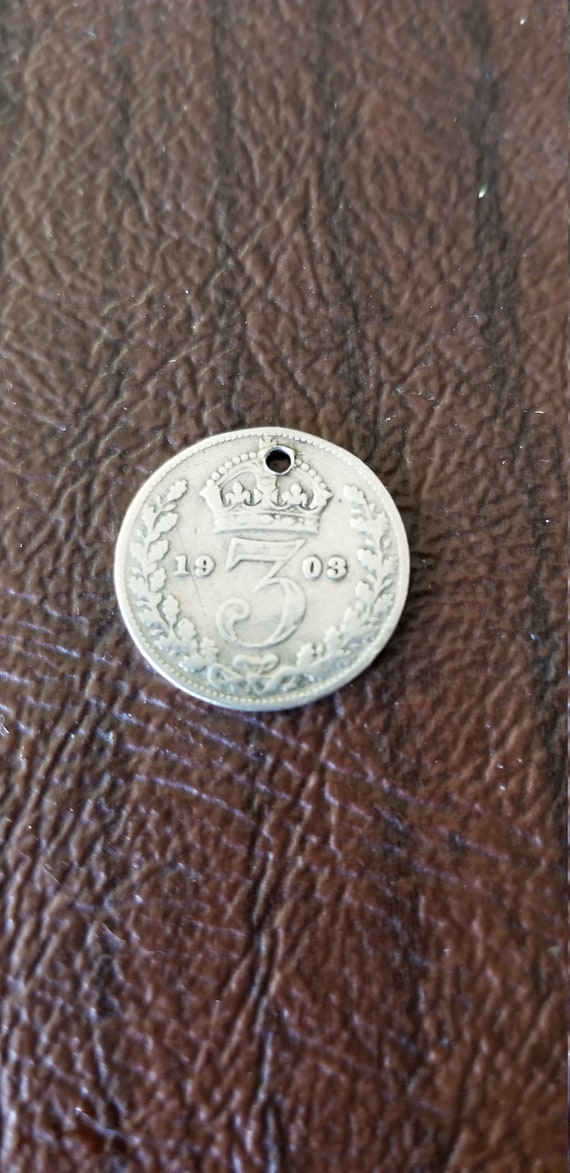 Antique 1903 Three Pence King Edward Coin Charm,  