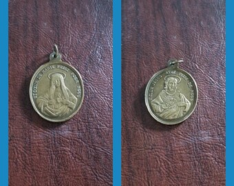 Vintage French Brass Religious Medal, Immaculate Heart of Mary and Sacred Heart of Jesus Medal, Two Sided Medal, Virgin Mary and Jesus Medal