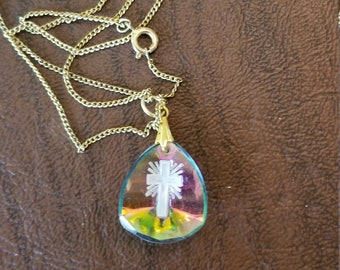 Vintage Reverse Intaglio Glass Necklace, Cross Necklace, Religious Cross Intaglio Pendant