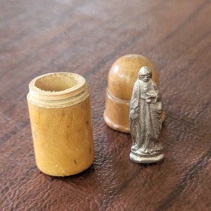 Rare French Wooden Capsule Pocket Shrine with Lead Saint Statue, Sacred Heart? Porta Saint, Jesus Pocket Shrine