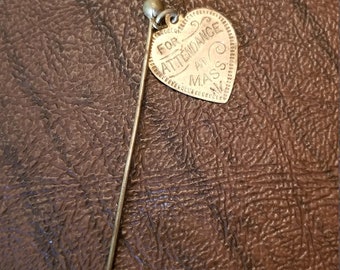 Vintage Mass Attendance Award Stick Pin, Rose Gold Colored Metal Stick Pin with Heart-Shaped Charm, "For Attendance at Mass" Etched Charm