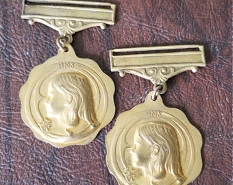 Pair of Vintage Holy Name Society Medals for Ribbons, Light Brass Toned Metal, Great for Collecting or for Crafting/Jewelry Assemblage