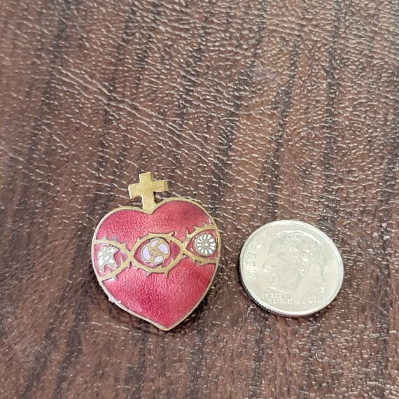 Vintage Enameled Sacred Heart Brooch, Gilt Brass … - image 2