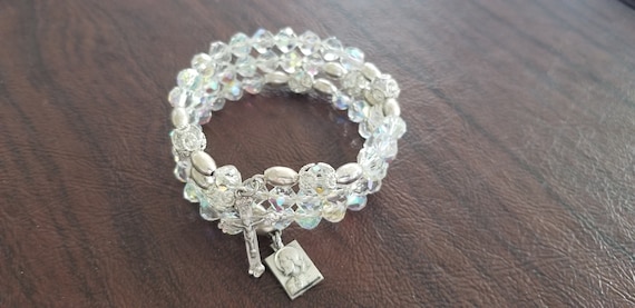 Vintage Sterling Silver and Faceted AB Crystal Bead Rosary Bracelet, Coiled Rosary Bracelet, 5 Decade Rosary Bracelet with Sterling Medals