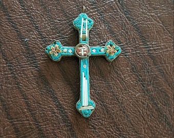 Beautiful Vintage Micro Mosaic Cross Pendant, Blue Glass Mosaic, Greek Staurogram in the Center, Some Imperfections, But Still Beautiful