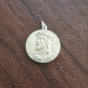 Vintage Passion of Christ and Jerusalem Cross Religious Medal, Silver Plated Metal, Image of Jesus with Crown of Thorns & Crusaders Cross