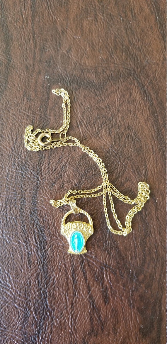 Unique Vintage Miraculous Medal Necklace, Gold-Ton