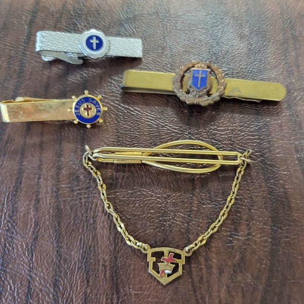 Vintage Lot of 4 Religious Tie Bars/Clips, Gold-Toned Metal and Silver-Toned Metal with Enameling, Cross Tie Bars, "Jesus Saves' Tie Clip
