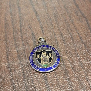 Vintage British Enameled Medal, &quot;Guildford School Swimming Gala&quot; Medal, 1934 Diving Medal for Girls Under 12, Bronze? Enameled Medal
