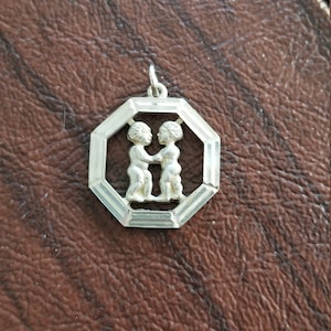 Vintage European Sterling Silver Gemini Pendant, Gemini Twins Open Cut Pendant, Octagon Gemini Zodiac Pendant, May 21-June 21
