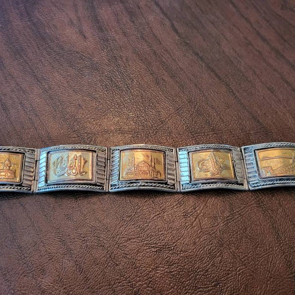 Vintage Souvenir Bracelet from Istanbul, Coin Silver Link Bracelet with Images of the Blue Mosque and Istanbul, 7.25 Inch Travel Bracelet