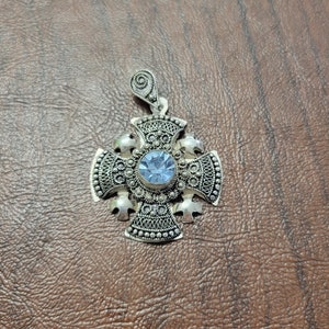 Vintage 950 Silver Cannetille Jerusalem Cross Brooch/Pendant w/Faceted Blue Stone, Byzantine Cross,  Crusade Cross, Medieval Maltese Cross