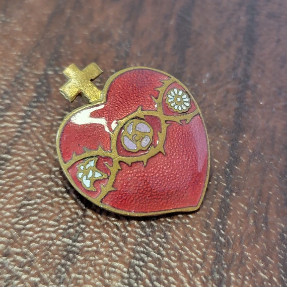 Vintage Enameled Sacred Heart Brooch, Gilt Brass … - image 5
