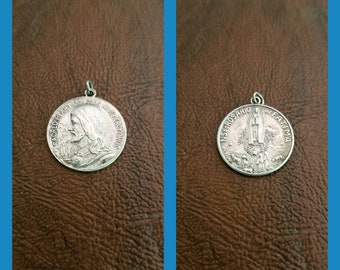 Vintage Dual Religious Medal, Sacred Heart of Jesus and Our Lady of the Rosary of Fatima, Silver?Plate? Religious Medal, Jesus & Virgin Mary
