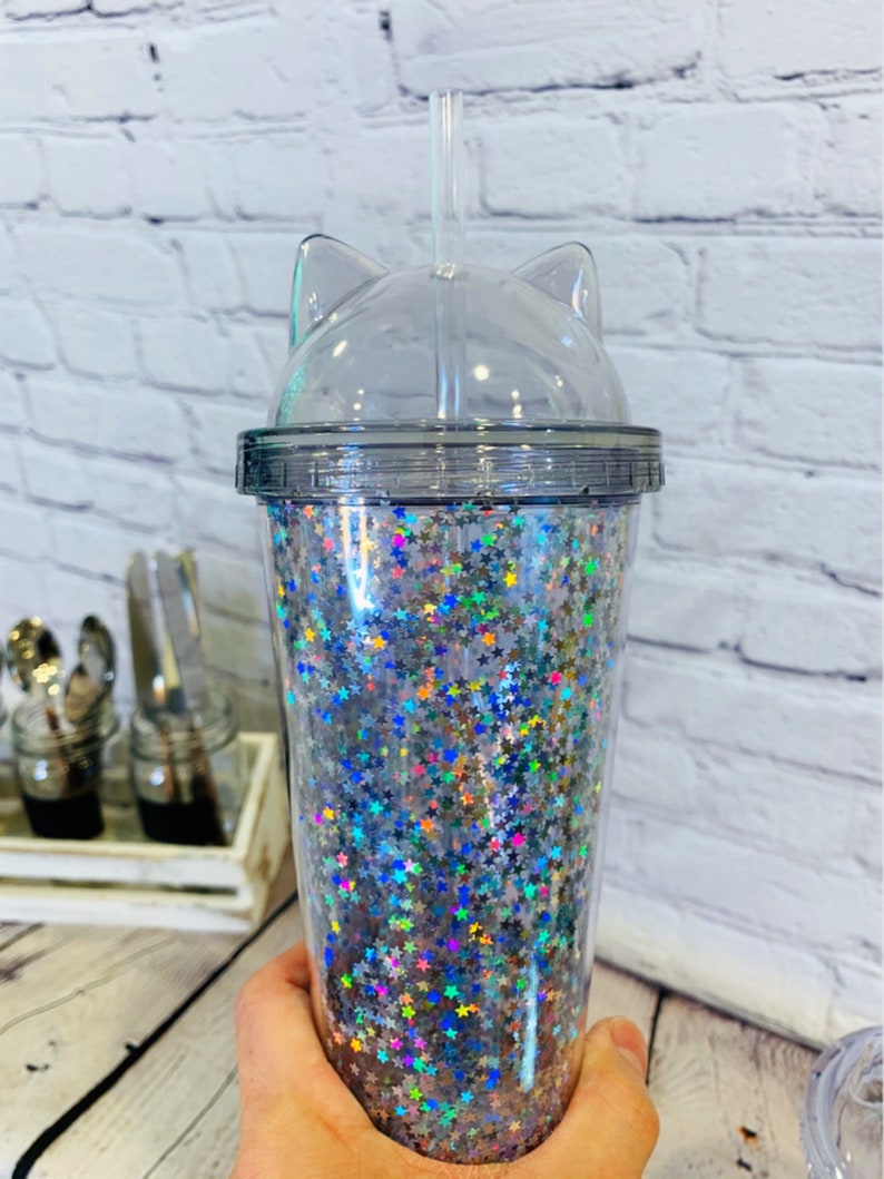 Glitters Flash Cat Ears Double Wall Drinking Tumbler Cup With Etsy