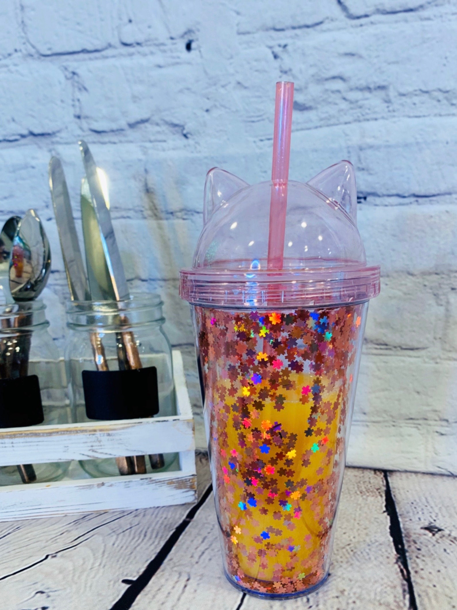 Glitters Flash Cat Ears Double Wall Drinking Tumbler Cup With Etsy