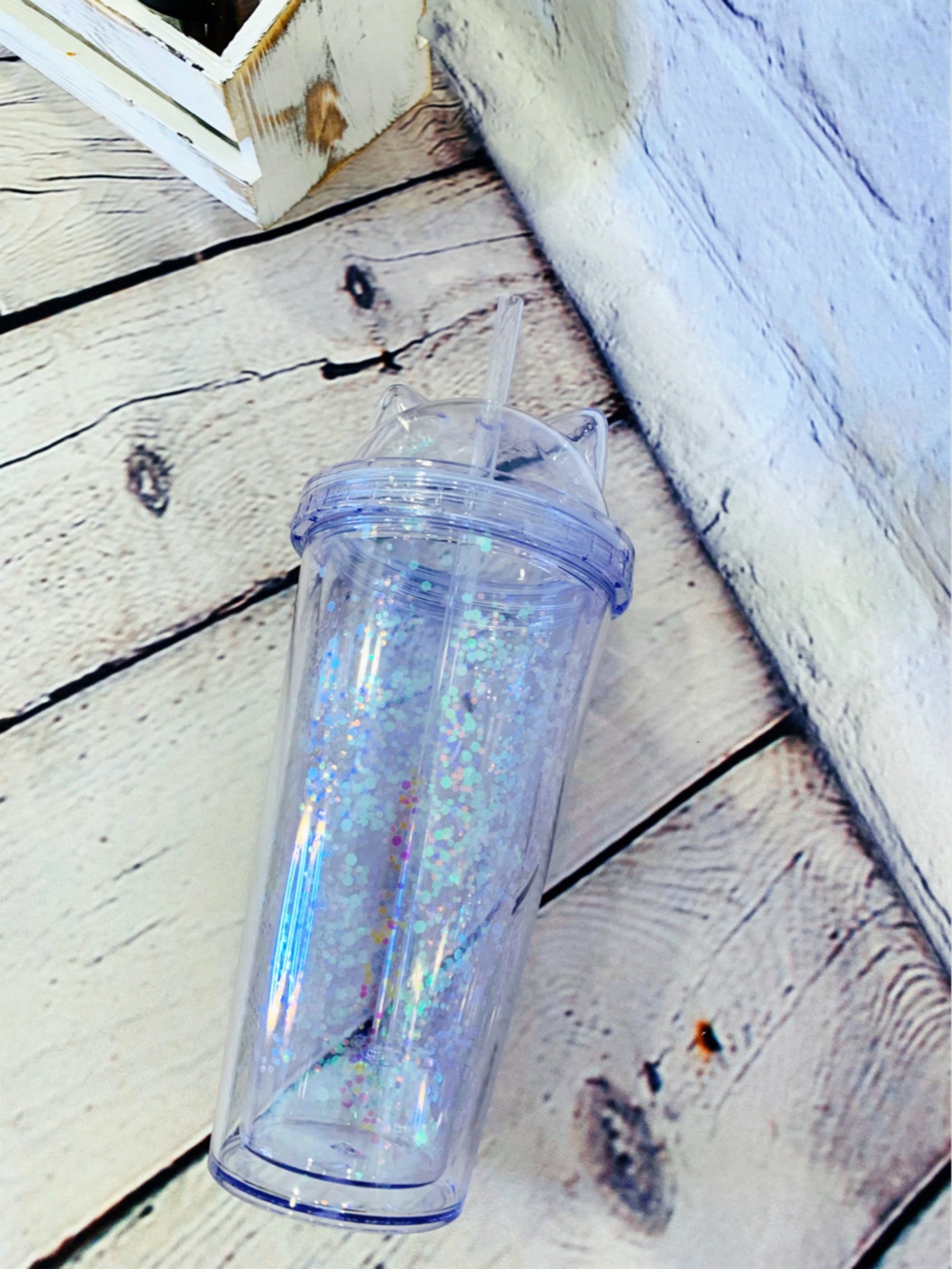 Glitters Flash Cat Ears Double Wall Drinking Tumbler Cup With Etsy