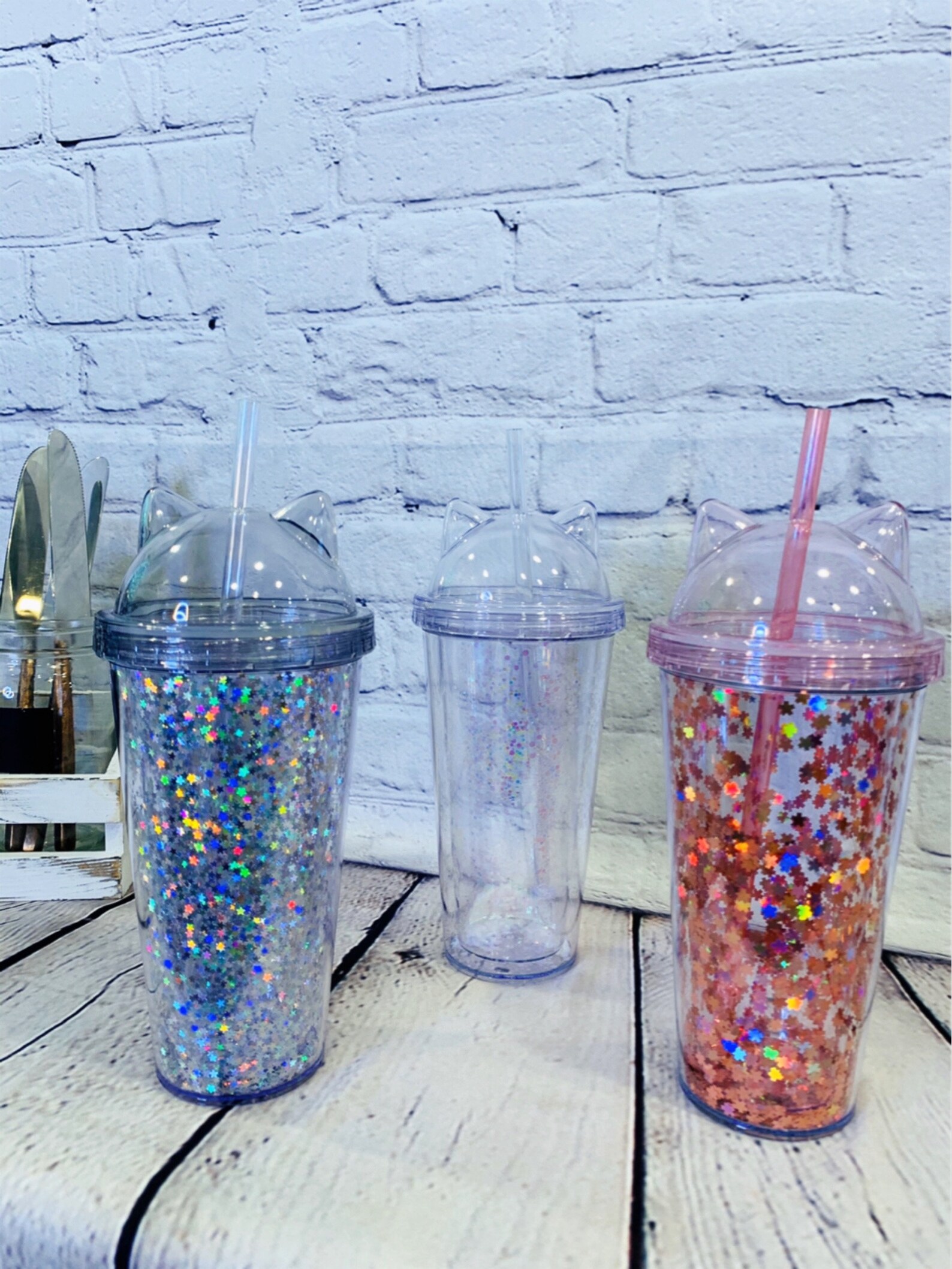 Glitters Flash Cat Ears Double Wall Drinking Tumbler Cup With Etsy