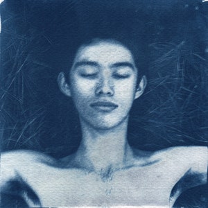 May include: A cyanotype photograph of a person with their eyes closed, lying on a bed of grass. The person's chest is bare and their hair is dark.