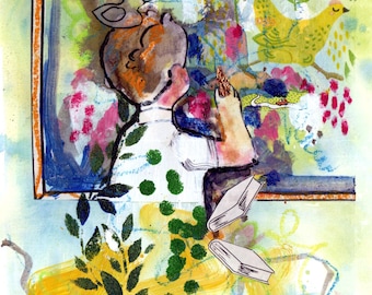 May include: A watercolor painting of a child sitting in front of a framed picture. The picture depicts a colorful landscape with birds and flowers. The child is wearing a white shirt with green polka dots and is holding a book. The painting is signed "MOM 231".