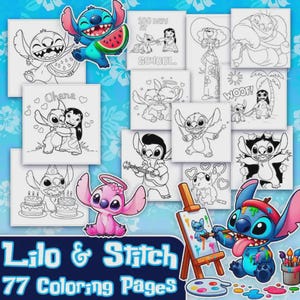 Puede incluir: Un conjunto de 77 páginas para colorear de Lilo & Stitch. La imagen presenta varias ilustraciones de Stitch y Lilo, algunas con texto como "Ohana" y "100 Days at School". El título "Lilo & Stitch" y "77 Coloring Pages" se muestran en la parte inferior.