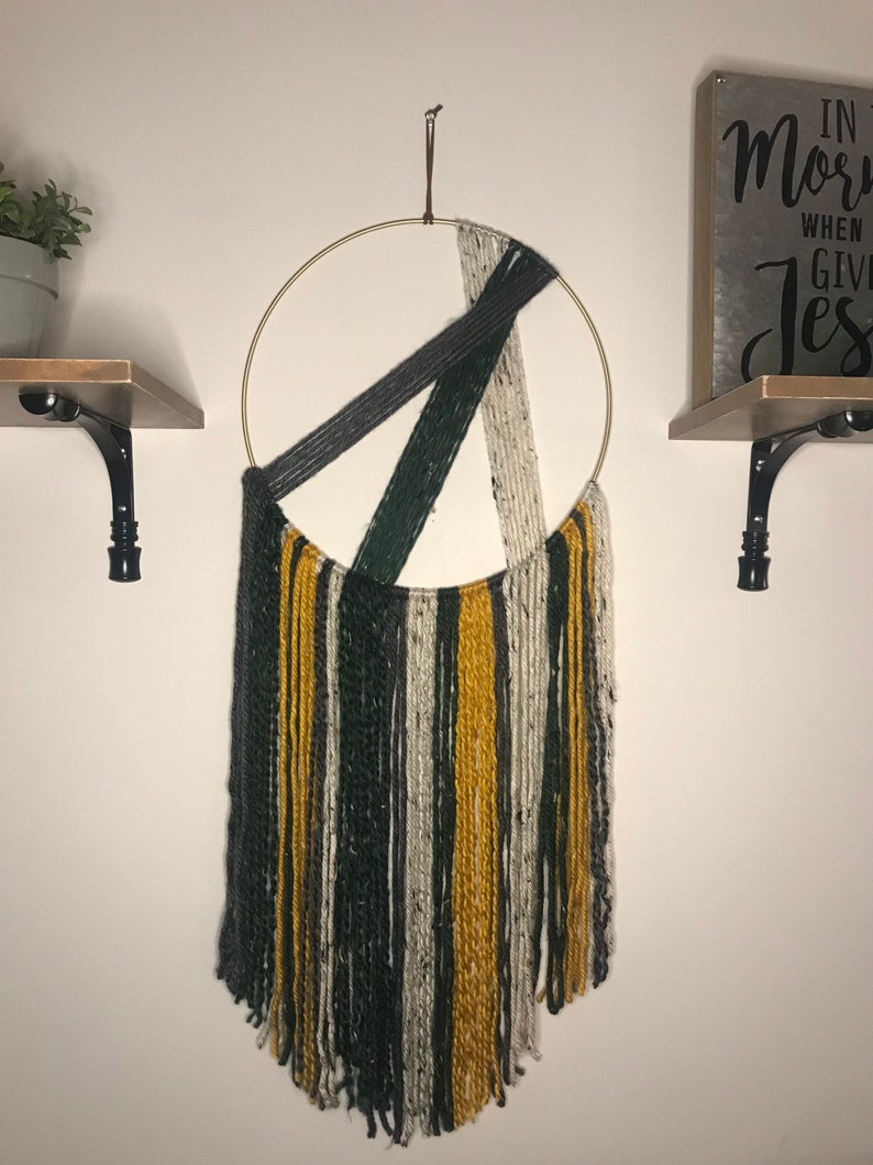 Large Hanging Handmade Yarn Hoop Wall Decor White Green Etsy