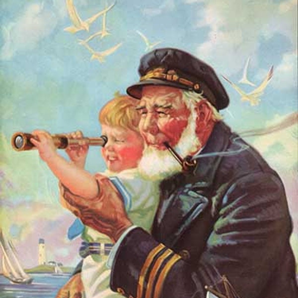 Original 1940's calendar art salesman samples. 9.5" x 7.5"  Hy Hintermeister "The Old Skipper's Pride" artwork. Litho made in USA ships free