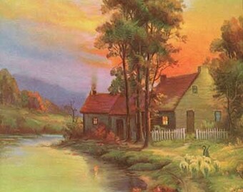 Vintage Print YOSEMITE FALLS Salesman Sample Litho circa 1940s Mountain Scene