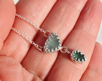 Sea Glass Double Necklace.  Dorset Sea Glass.   Small and Dainty.  Adjustable Length Necklace.  Sterling Silver.  Handmade.