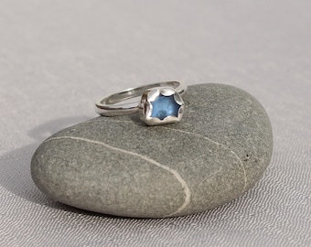 Sky Blue Sea Glass Ring.  Pretty Scalloped Edged Bezel.  Chunky D shaped Band.  Sterling Silver.  Handmade.