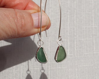 Sea Glass Threader Earrings. Green Sea Glass Drop Earrings. Silver Wrapped Dangle Earrings.  English Sea Glass. Silver Threader Earrings.