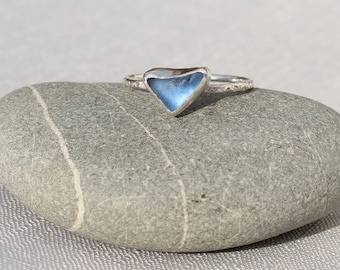 Heart Shaped Sea Glass Ring.  Sky Blue Sea Glass Ring.  Valentines Gift.  Hammered Sterling Silver Band.  Handmade.