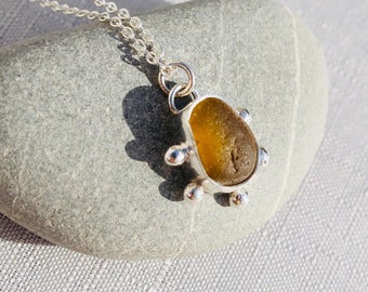 Yellow Sea Glass Pendant Necklace.  Silver Granulation.  Silver Bubbles.