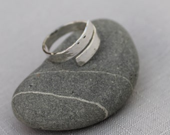 Chunky Sterling Silver Adjustable Ring.  Wrap Over Ring.  Crossover Ring.  By-Pass Ring.  Hammered Finish.  Finger or Thumb Ring.